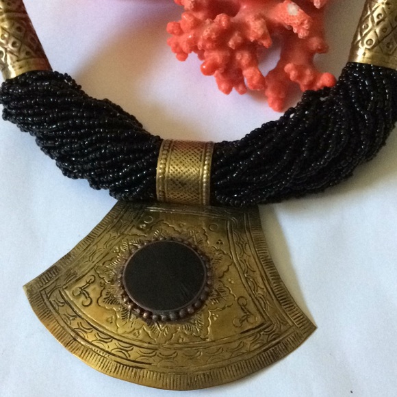Vintage Jewelry - Vintage engraved brass beads necklace